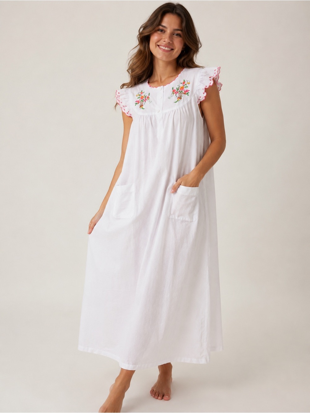 Vtg Plum Blossoms White Embroidered Floral House Dress Maxi Pocket Cottagecore M